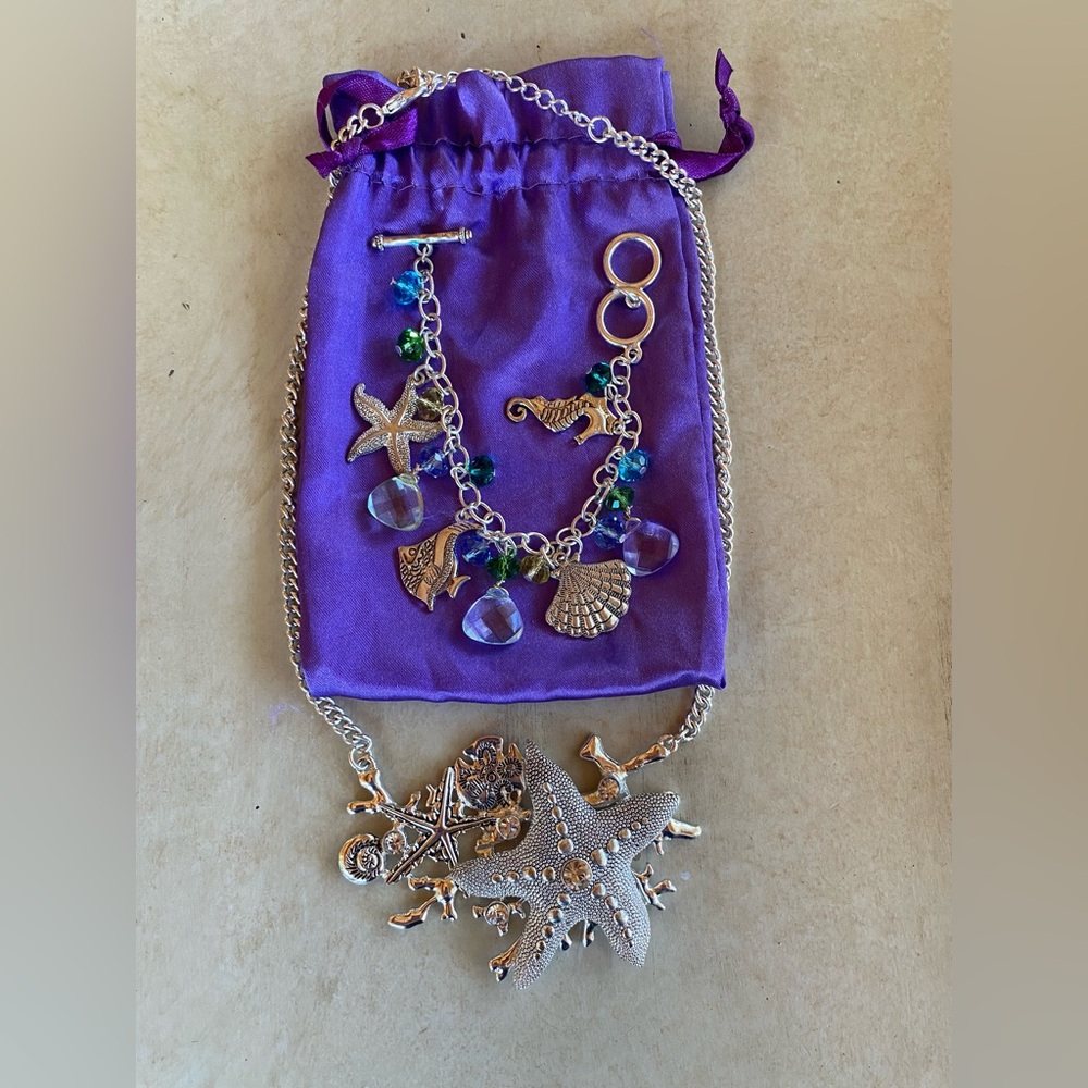 Silver Charm Necklace & Bracelet Set with Sea Life Accents